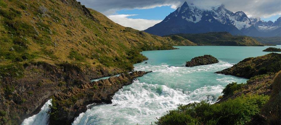 Waterfall in Torres del Paine National Park in Punta Arenas