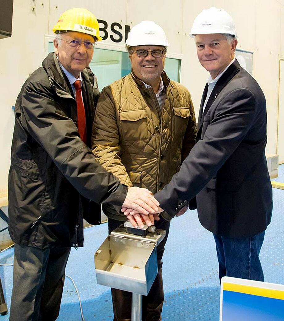 Norwegian Cruise Line Holdings Ltd. President and Chief Executive Officer Frank Del Rio (center) joins NCLH Executive Vice President of Vessel Operations Robin Lindsay (right) and MEYER WERFT Managing Partner Bernard Meyer (left)
